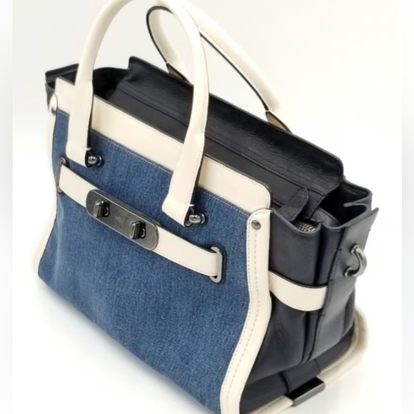 Coach Denim Swagger With Chalk White Leather Trim Satchel - Picture 9 of 13